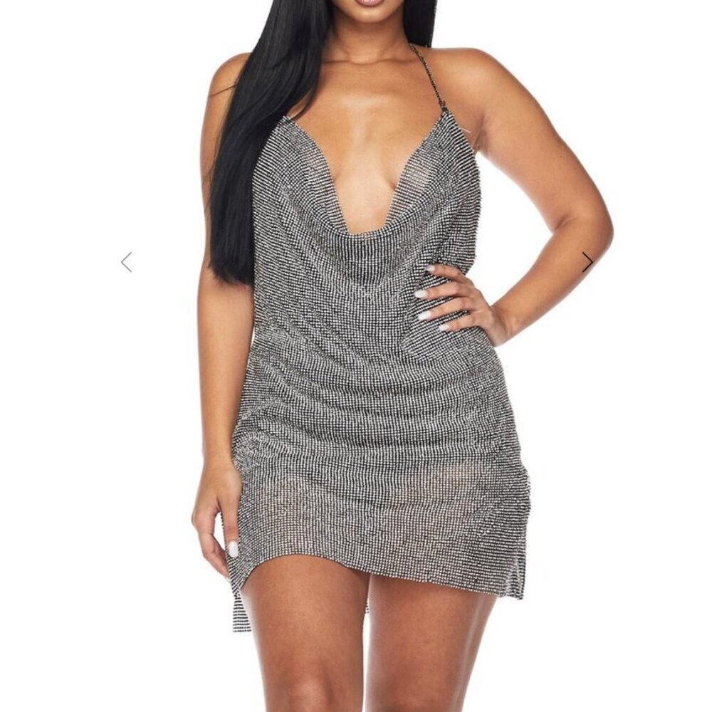 Rhinestone Chainmail Side Slit Sexy Mini Dress Silver & Black Party Size S/M